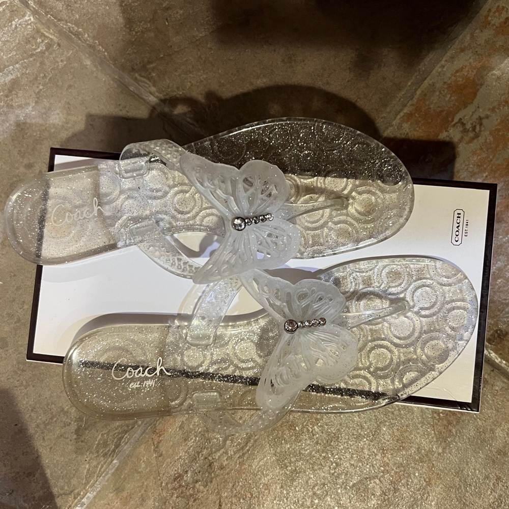 Coach clear butterfly flip flops